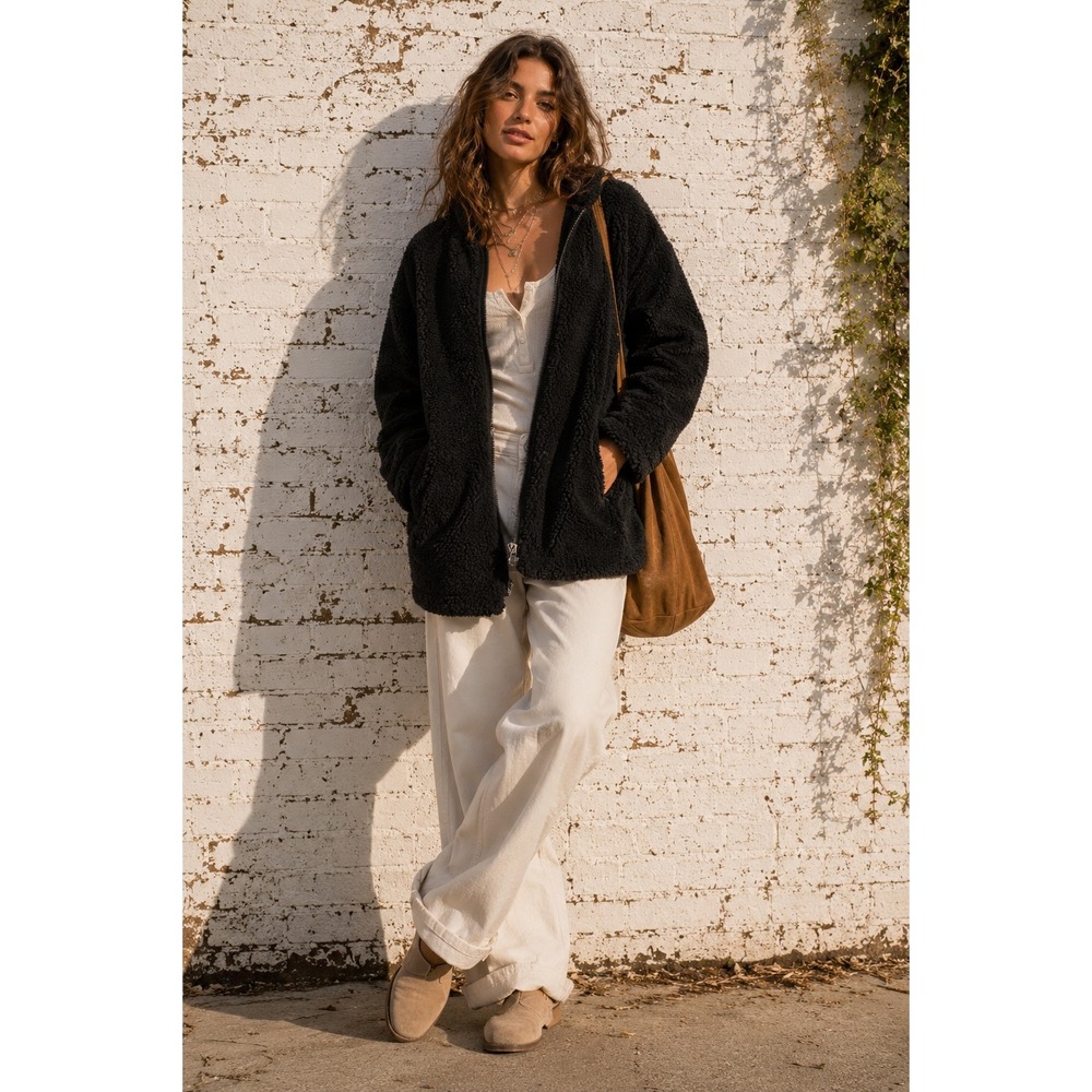 Madewell Black Sherpa Fleece Teddy Zip Front Jacket E4577 XS